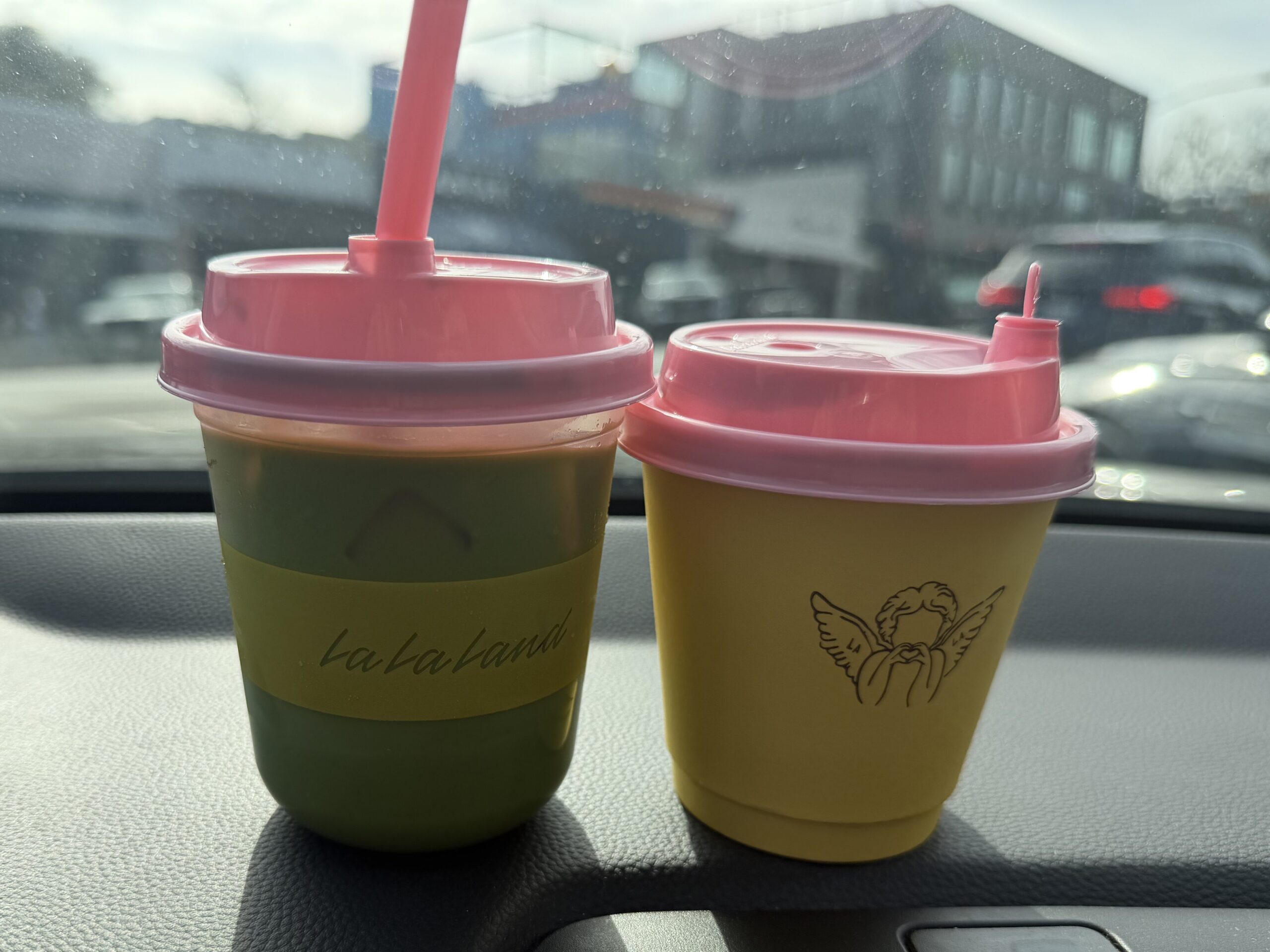 One hot and one iced almond milk latte from La La Land