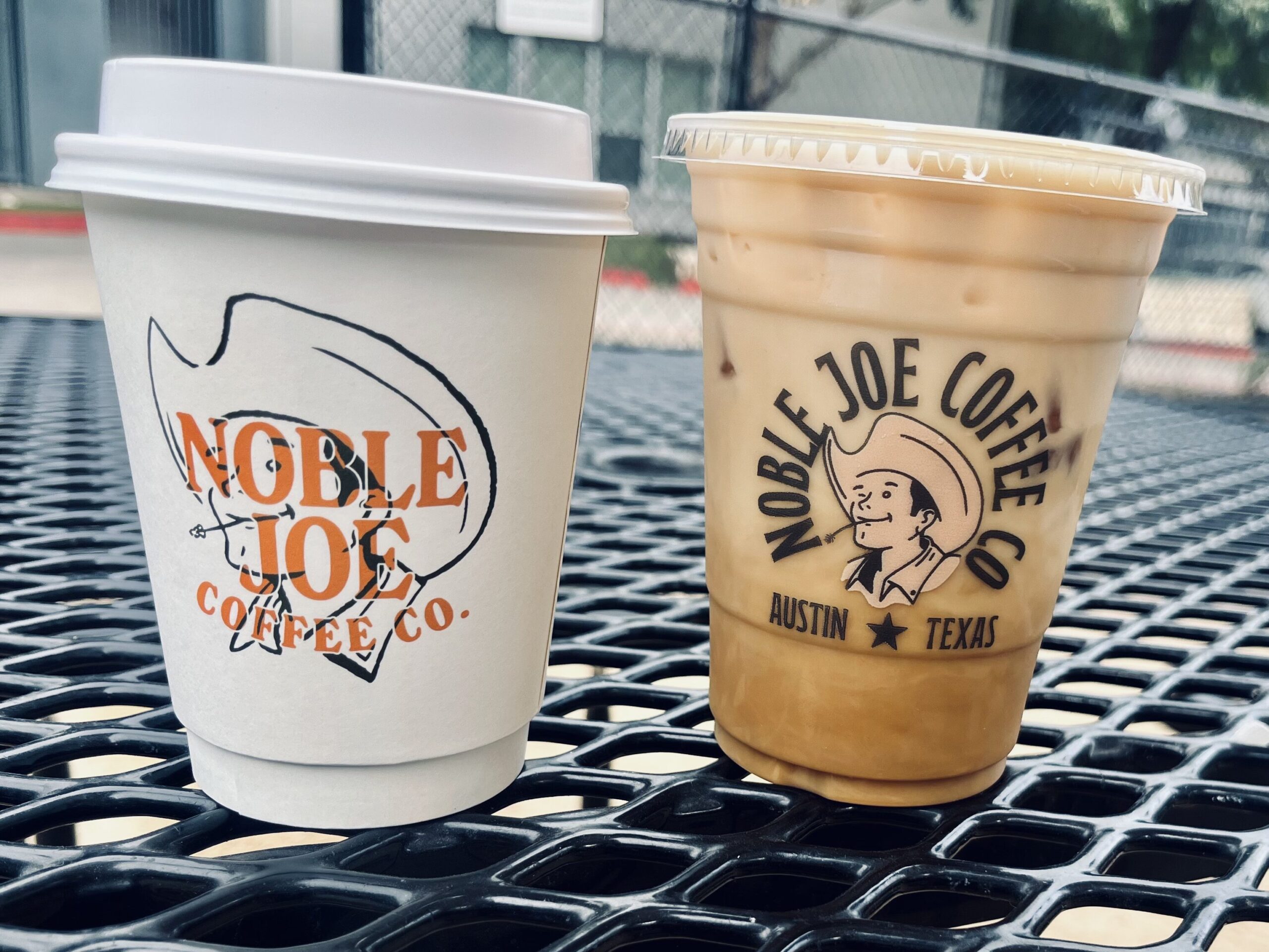 One hot and one iced almond milk latte from Noble Joe